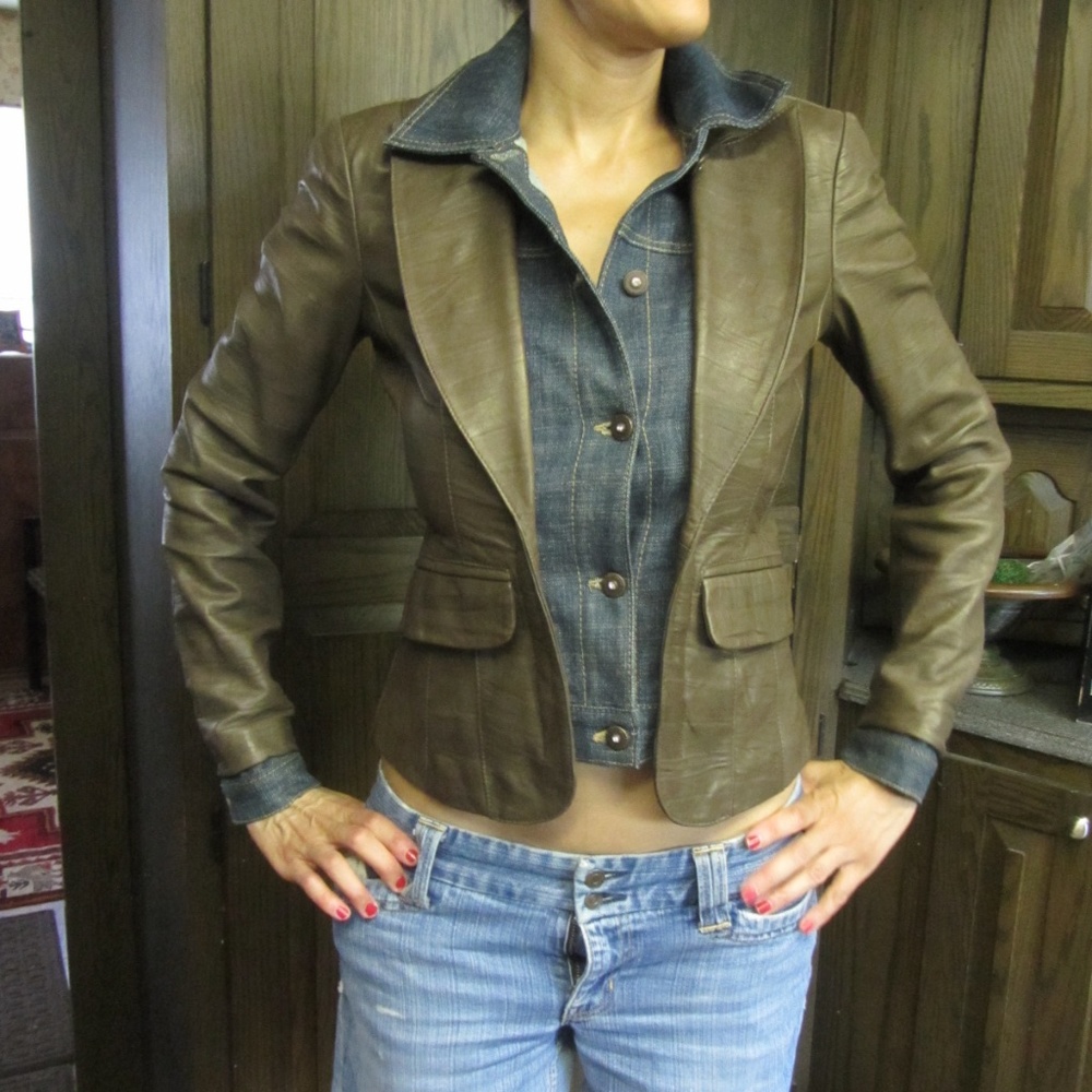 CACHE WOMEN'S BROWN LEATHER / DENIM JACKET 2